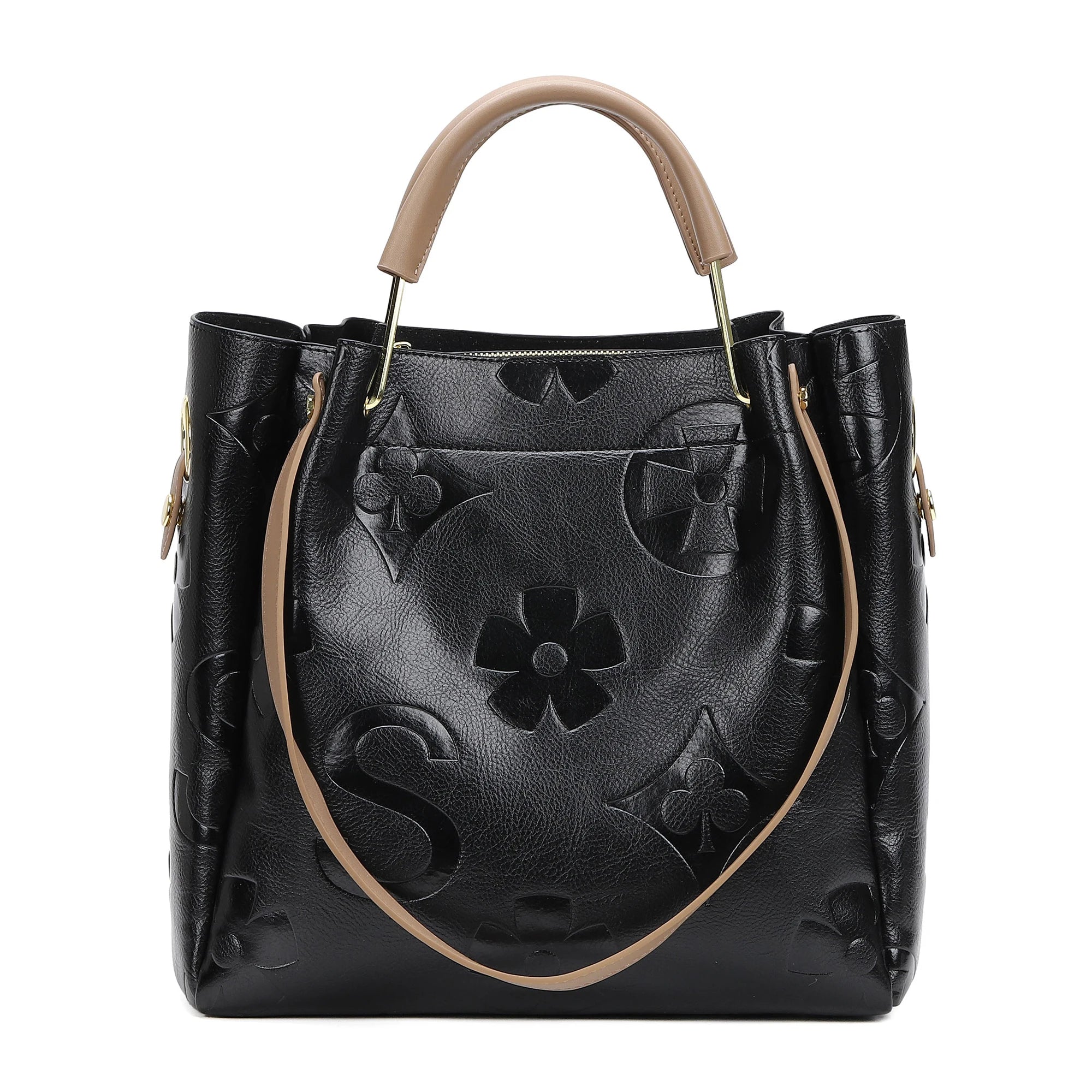 Top Handle Handbag Set Large Shoulder Bag Vegan Leather Ladies Bucket Hobo Tote with Floral Embroidery for Everyday Use