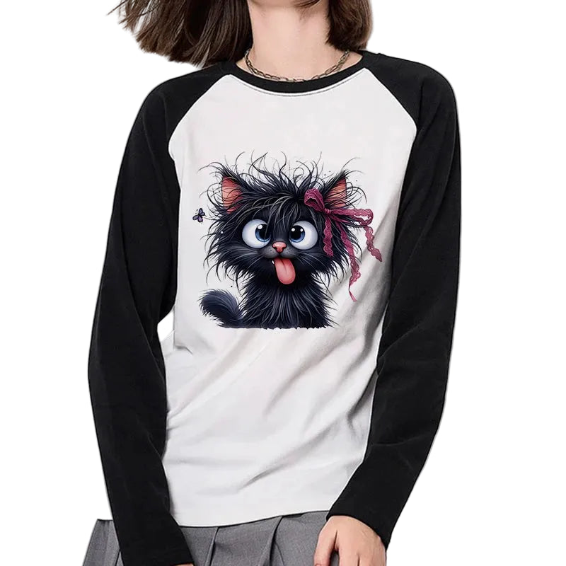 Funny Gothic Long Sleeve 90s T-shirt Black Sarcastic Cat with Red Bow