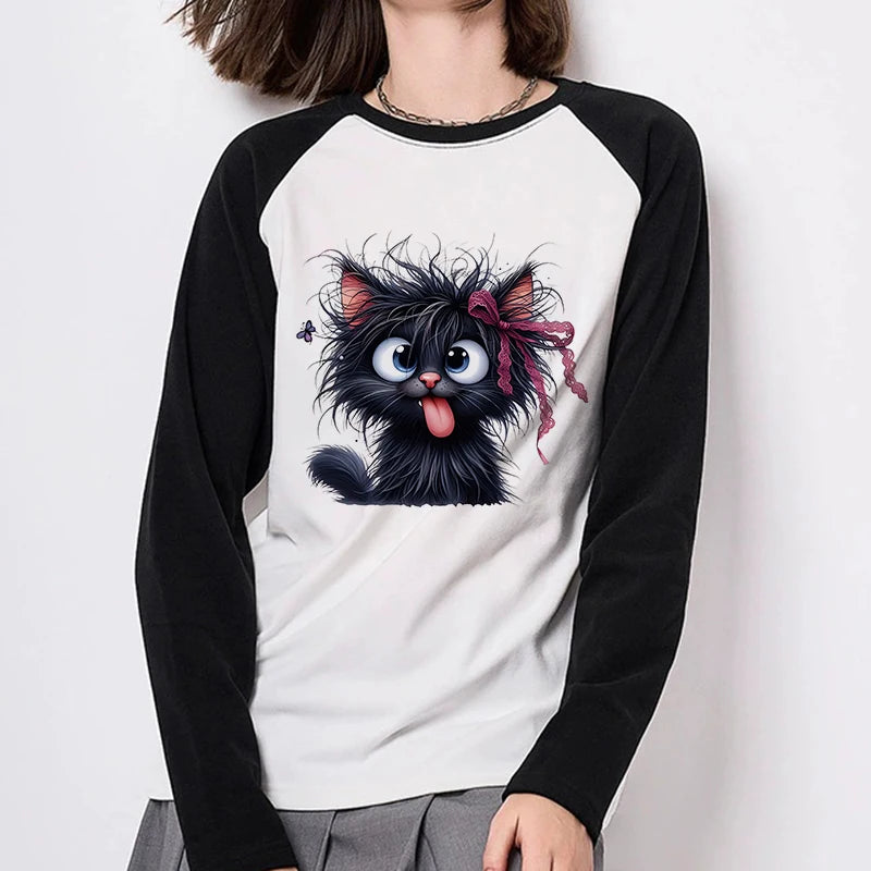 Funny Gothic T-Shirt Women's Long Sleeve 90s Tshirt Black Sarcastic Cat with Red Bow Print All Seasons Tee Tops T Shirt Clothing