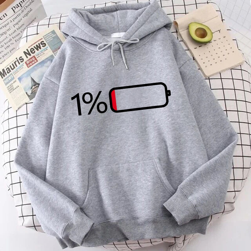 Women's Battery Low Print Long Sleeve Hoodies Autunm Winter Casual Sweatshirt Funny Graphic Y2k Hooded Streetwear Y2k Clothing