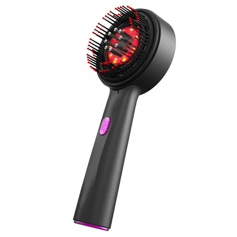 Black hair dryer with red LED lights on a white background