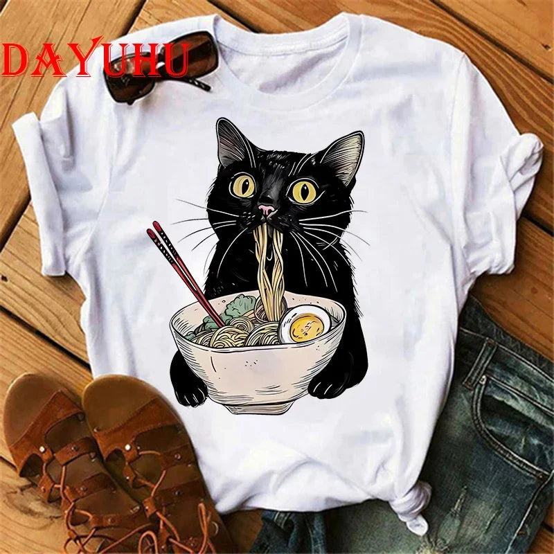 Women Noodle Ramen Cat T-Shirt Foodie Lover T Shirts Black Cat Noodle T-Shirts Retro Casual Short Sleeve Tshirt Women Clothes