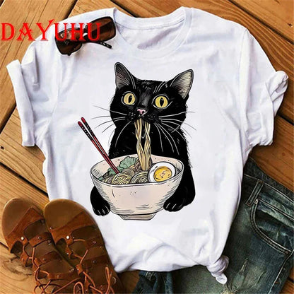 Women Noodle Ramen Cat T-Shirt Foodie Lover T Shirts Black Cat Noodle T-Shirts Retro Casual Short Sleeve Tshirt Women Clothes