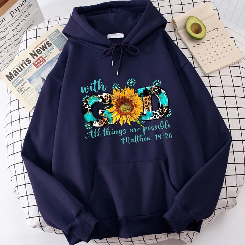 With God All Things Are Possible Matthew 19:26 Print Hoodies Women's Funny Graphic Hoody Casual Graphic Pullovers Sweatshirts