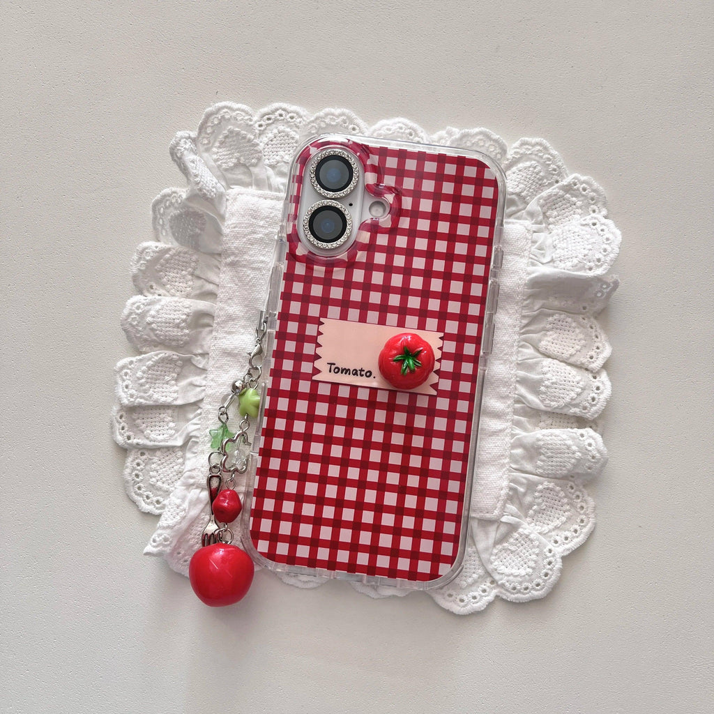INS Red Checkers Little-Joys 3D Tomato & Label With Dangles Phone Case for iPhone