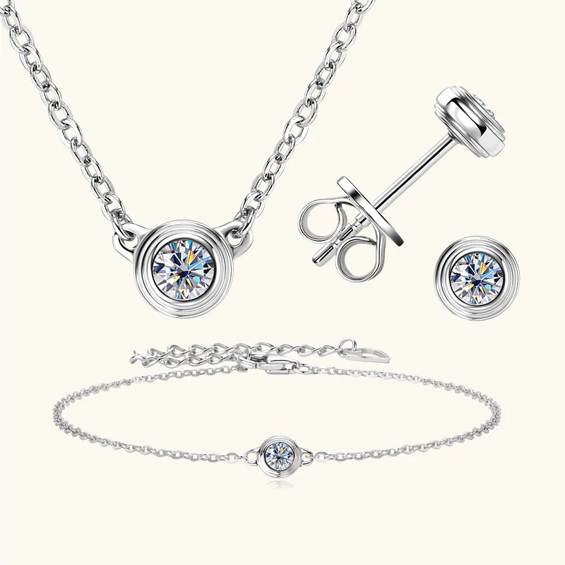 Lnngy 3mm 0.1ct Moissanite Diamond Necklace Bracelet Stud Earring For Women Simple Single Stone Earrings Bracelets Jewelry Set