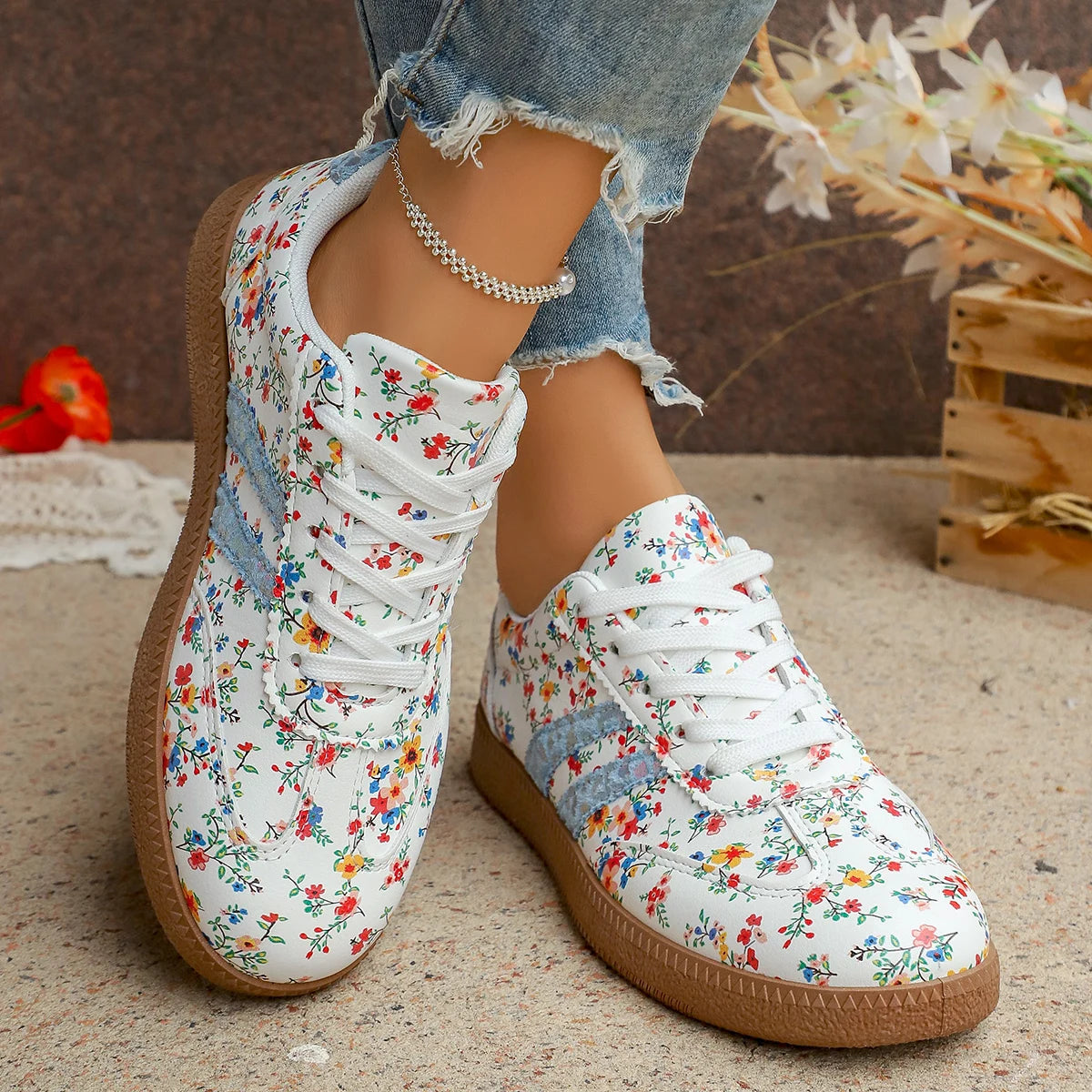 New Women's Floral Sport Shoes Comfortable Breathable Single Shoes Outsole Round Toe Casual Style Female Lightweight Sneakers
