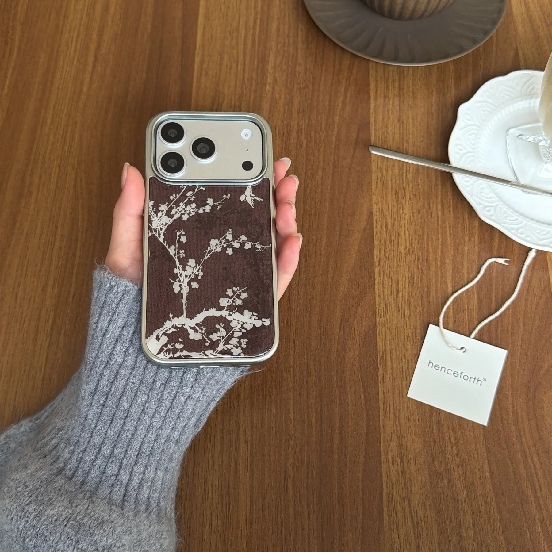 Elegant Plum Blossom Burgundy Bird & Branch Traditional Art Case for iPhone