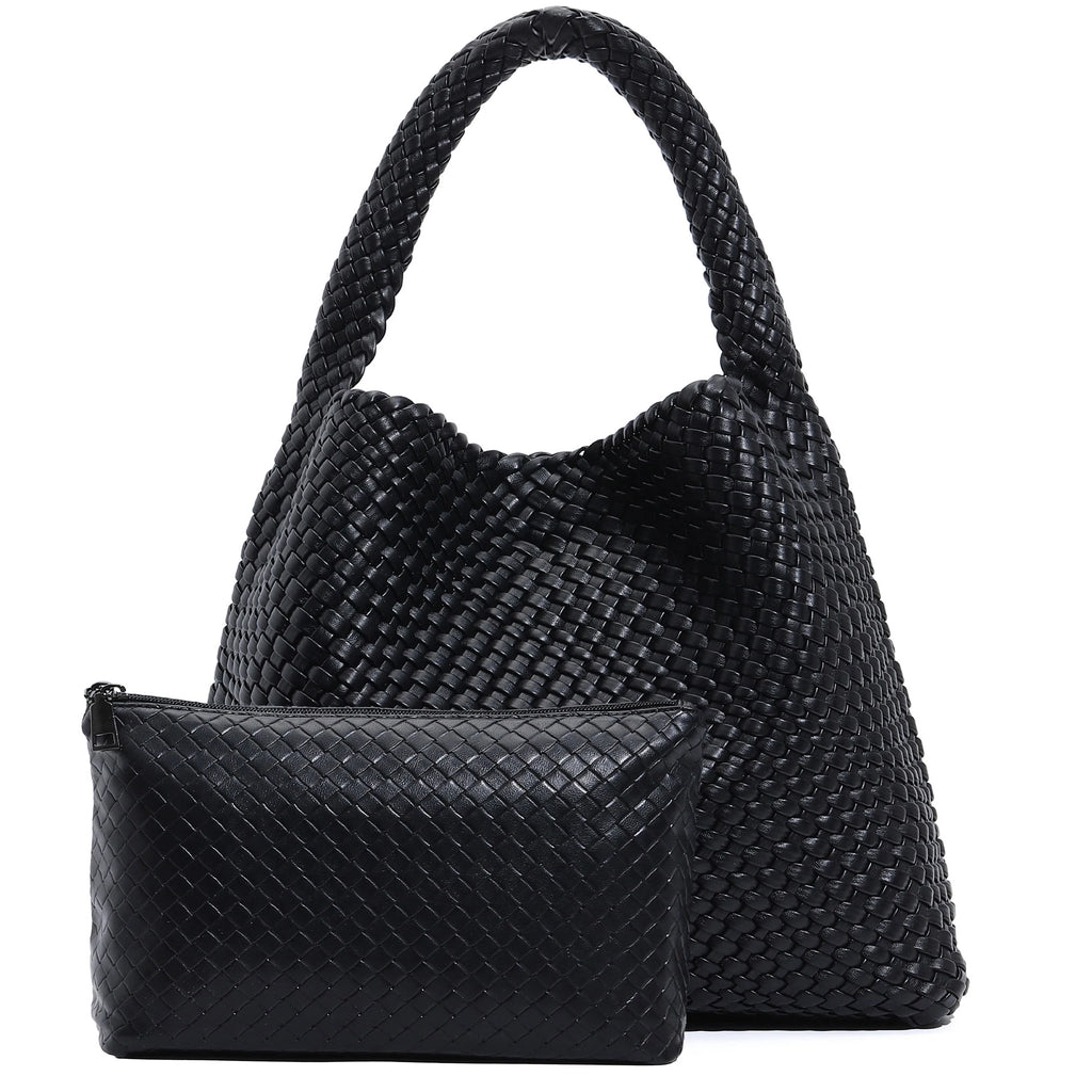 Large Woven Tote Bag for Women with Purse Fashion Shoulder Hobo Underarm Bags Woven Soft Vegan Leather Handbag