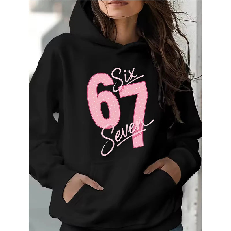 Girls Pink 67 Number Print Hoodies Women's Fashion Casual Sweatshirts Fall Winter Long Sleeve Streetwear Pullovers Clothing