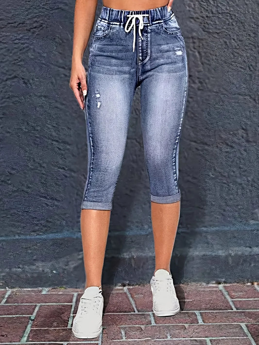 Y2K Style Women's Peacock Blue Stretch Mid-Rise Capri Jeans - Summer Casual Distressed Denim with Drawstring Waist