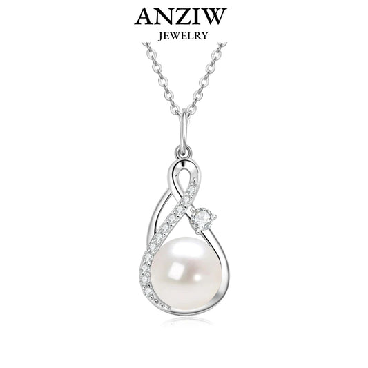 Anziw 10mm Freshwater/Tahitian Black Pearl Moissanite Infinity Pendant Necklace Silver 925 Wedding Jewelry for Women Gift 45+5cm