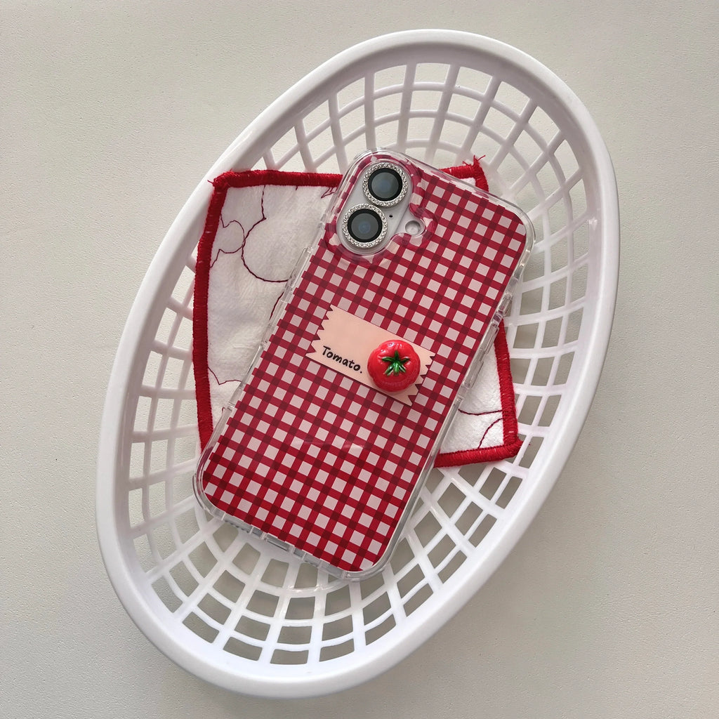 INS Red Checkers Little-Joys 3D Tomato & Label With Dangles Phone Case for iPhone