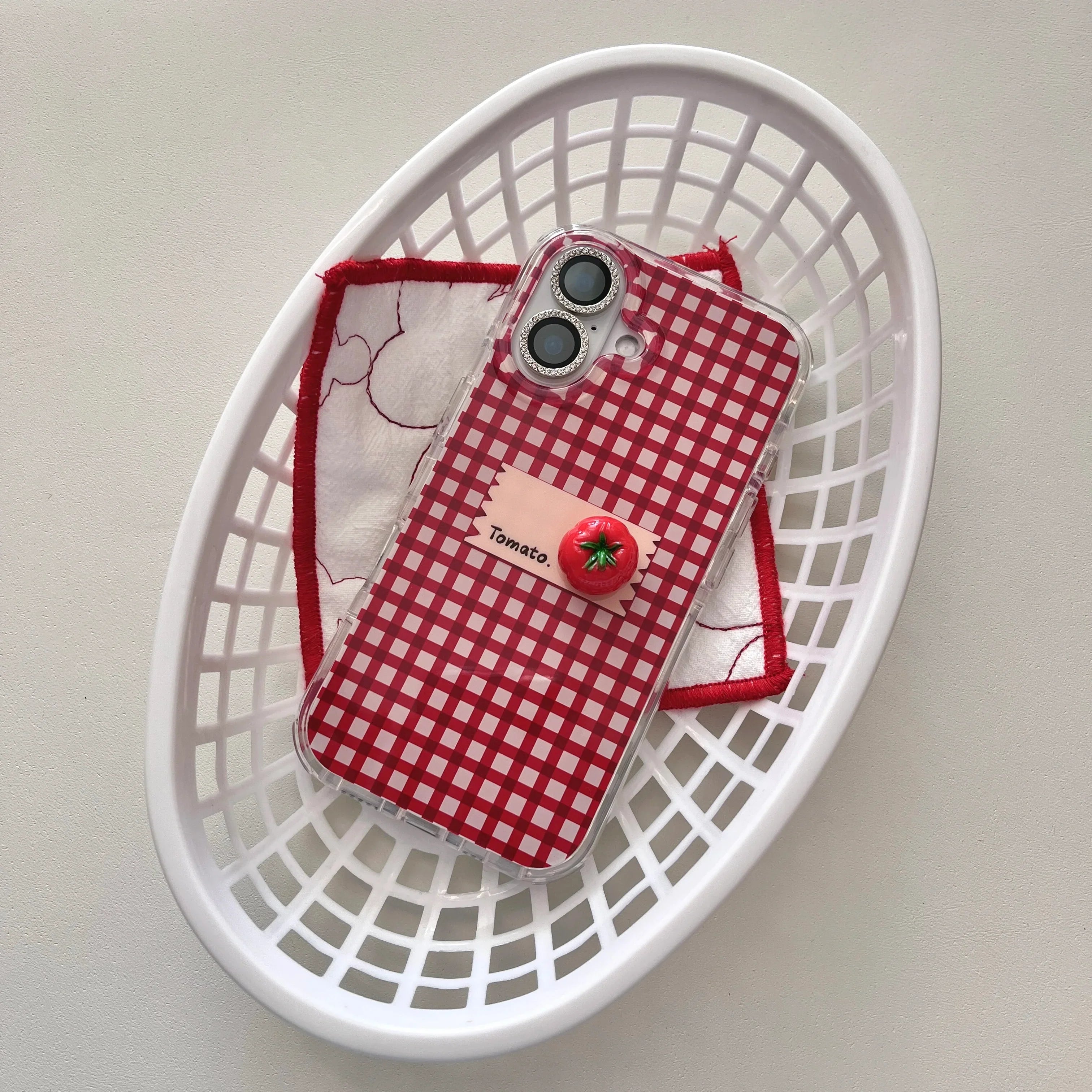 INS Red Checkers Little-Joys 3D Tomato & Label With Dangles Phone Case for iPhone