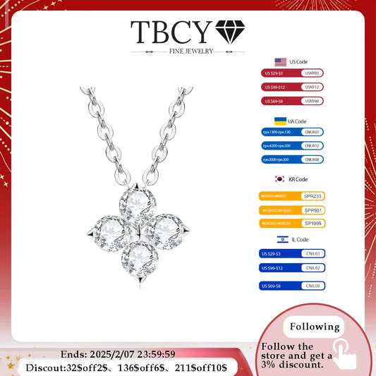TBCYD 3MM 0.4cttw D Color Clover Necklace Pendants For Women S925 Silver 18K Gold Plated Neck Chain Classic Fine Jewelry Gifts