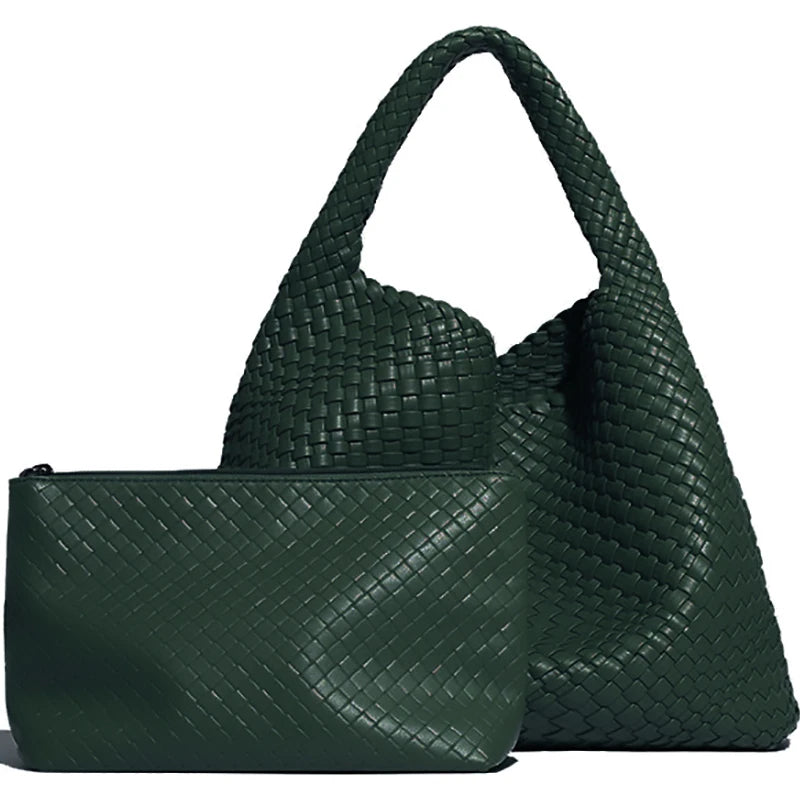 Large Woven Tote Bag for Women with Purse Fashion Shoulder Hobo Underarm Bags Woven Soft Vegan Leather Handbag