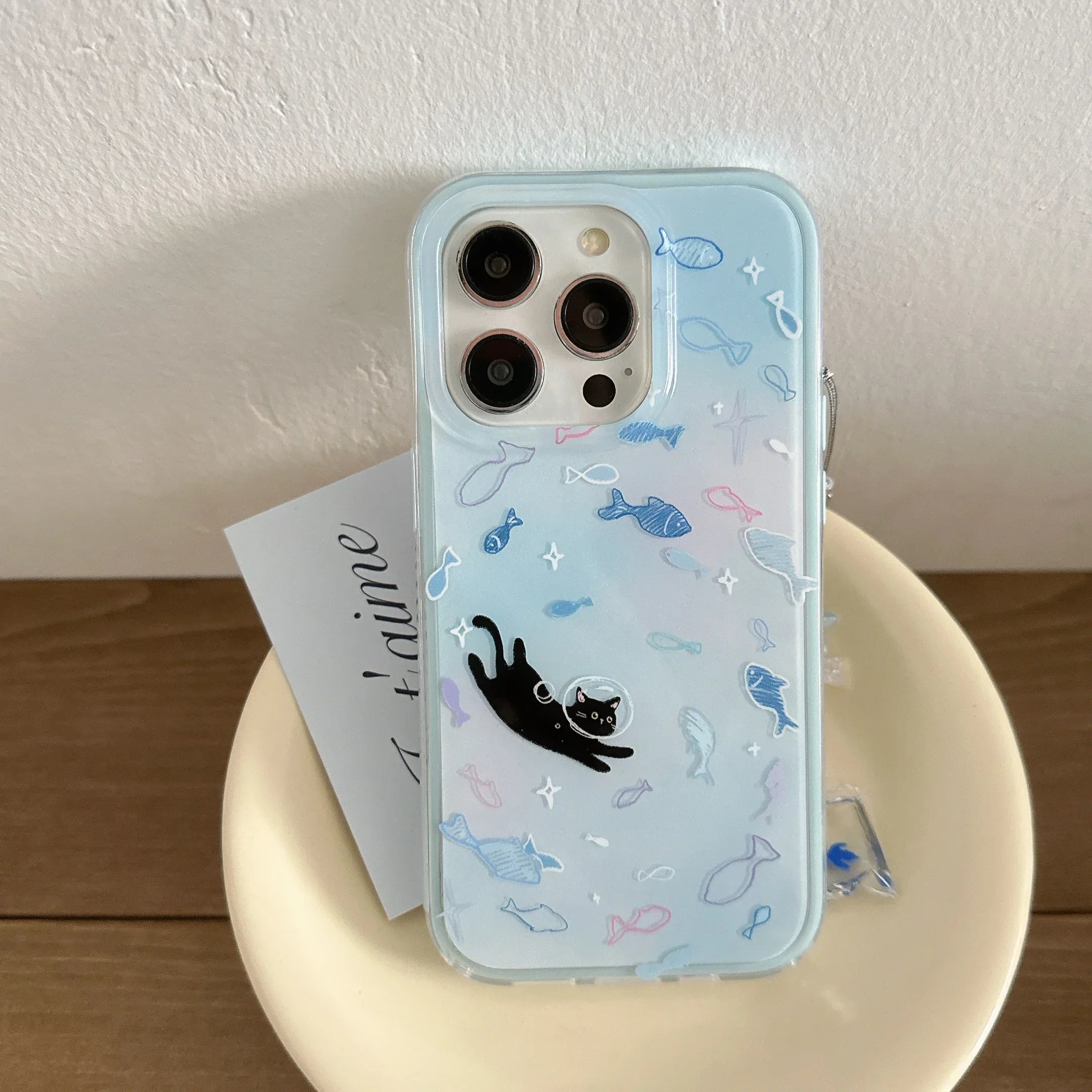 Dreamy Gradient Blue Fish Astronaut Cat Fish Dangle Case for iPhone
