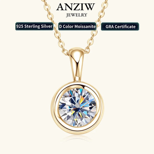 Anziw 8MM 2.0CT D Color Round Moissanite Bubble Pendant Necklace Solid Silver 925 Sterling GRA Certified Jewelry for Woman Gifts