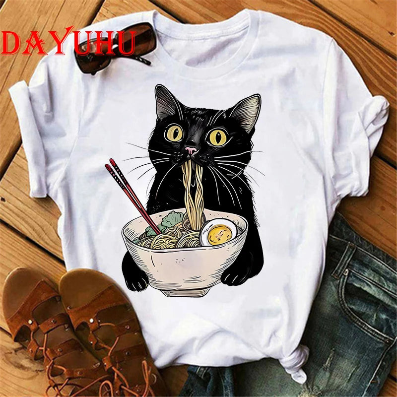 Women Noodle Ramen Cat T-Shirt Foodie Lover T Shirts Black Cat Noodle T-Shirts Retro Casual Short Sleeve Tshirt Women Clothes
