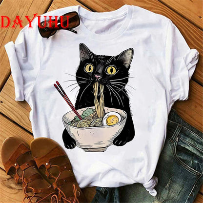 Women Noodle Ramen Cat T-Shirt Foodie Lover T Shirts Black Cat Noodle T-Shirts Retro Casual Short Sleeve Tshirt Women Clothes