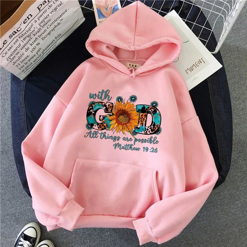 With God All Things Are Possible Matthew 19:26 Print Hoodies Women's Funny Graphic Hoody Casual Graphic Pullovers Sweatshirts
