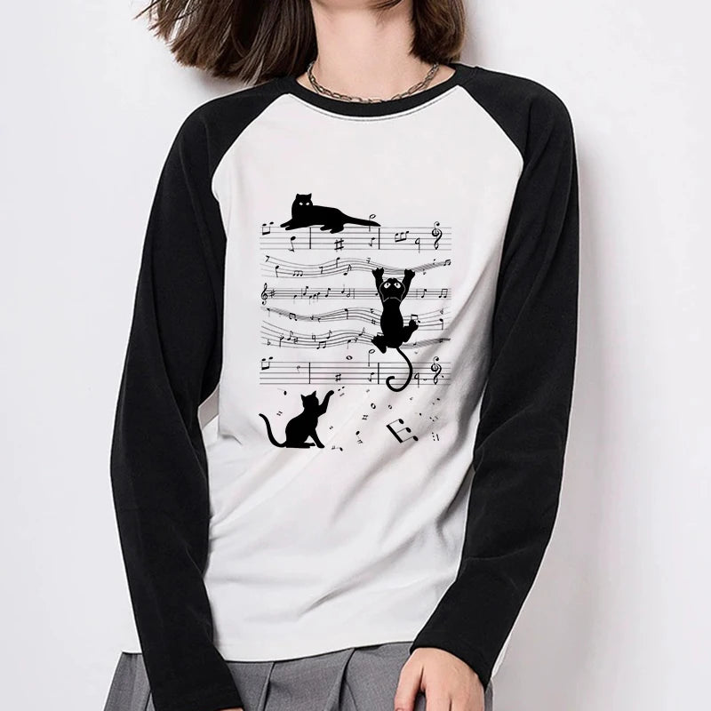 Women's Fall Winter Long Sleeve T Shirt Graphic Y2k Tees Tops Funny Gothic T-Shirt Funny Music Cat Design Y2k T Shirt Clothes