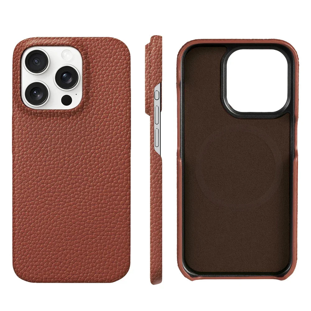 Cowhide Lychee Leather Phone Case for iPhone