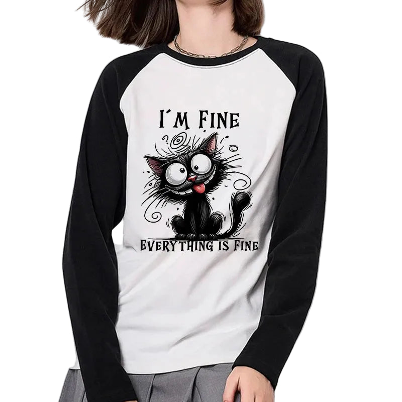 Gothic T-Shirt I'm Fine Everything Is Fine Sarcastic Cat Long Sleeve