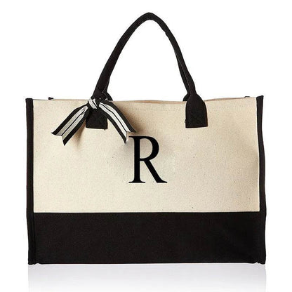 A-Z Canvas Totes bag Fashion Canvas Tote Letters Flower Portable Beach Shoulder Shopping Casual Beach Bag Large Capacity Handbag - Imbasat