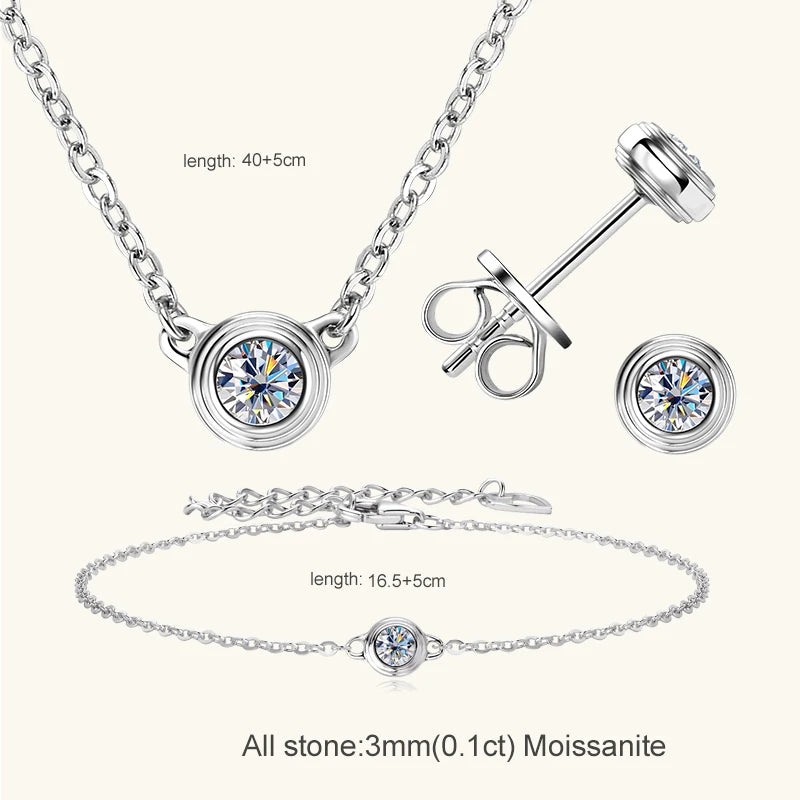 Lnngy 3mm 0.1ct Moissanite Diamond Necklace Bracelet Stud Earring For Women Simple Single Stone Earrings Bracelets Jewelry Set