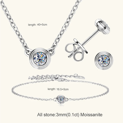 Lnngy 3mm 0.1ct Moissanite Diamond Necklace Bracelet Stud Earring For Women Simple Single Stone Earrings Bracelets Jewelry Set