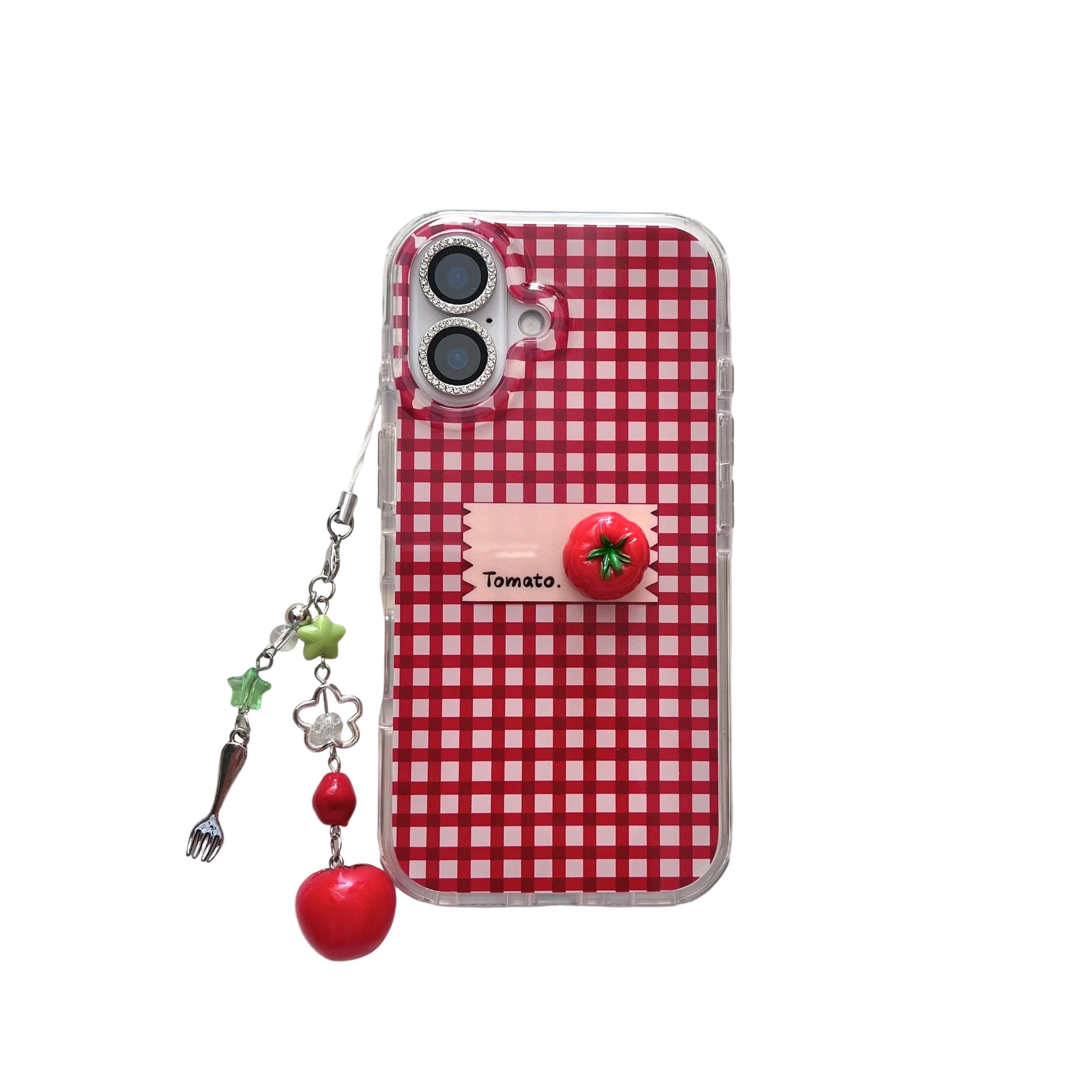 INS Red Checkers Little-Joys 3D Tomato & Label With Dangles Phone Case for iPhone