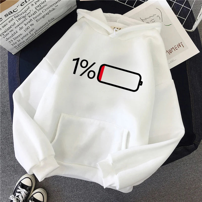 Women's Battery Low Print Long Sleeve Hoodies Autunm Winter Casual Sweatshirt Funny Graphic Y2k Hooded Streetwear Y2k Clothing