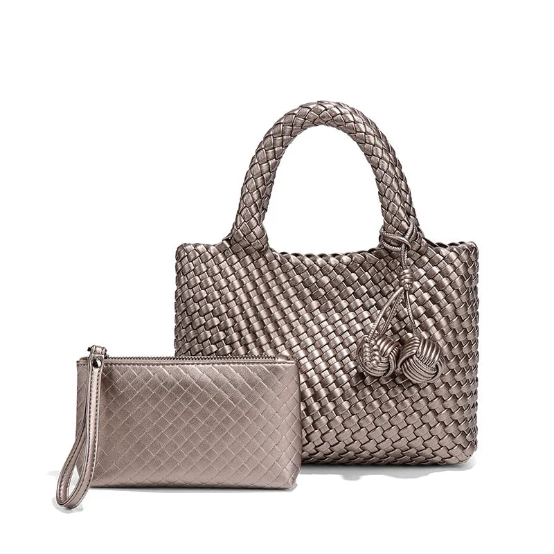 Woven Shoulder Bag for Women Vegan Leather Tote Bag Womens Crossbody Bag with Mini Handmade Purse for Travel Work