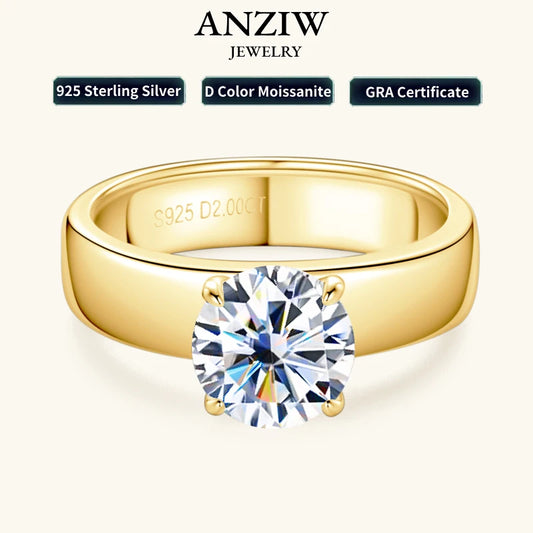 Anziw 18k Gold Plated 925 Sliver 2ct 8mm Moissanite Ring for Couple Women Men Chunky Engagement Wedding Rings Wide Finger Bands