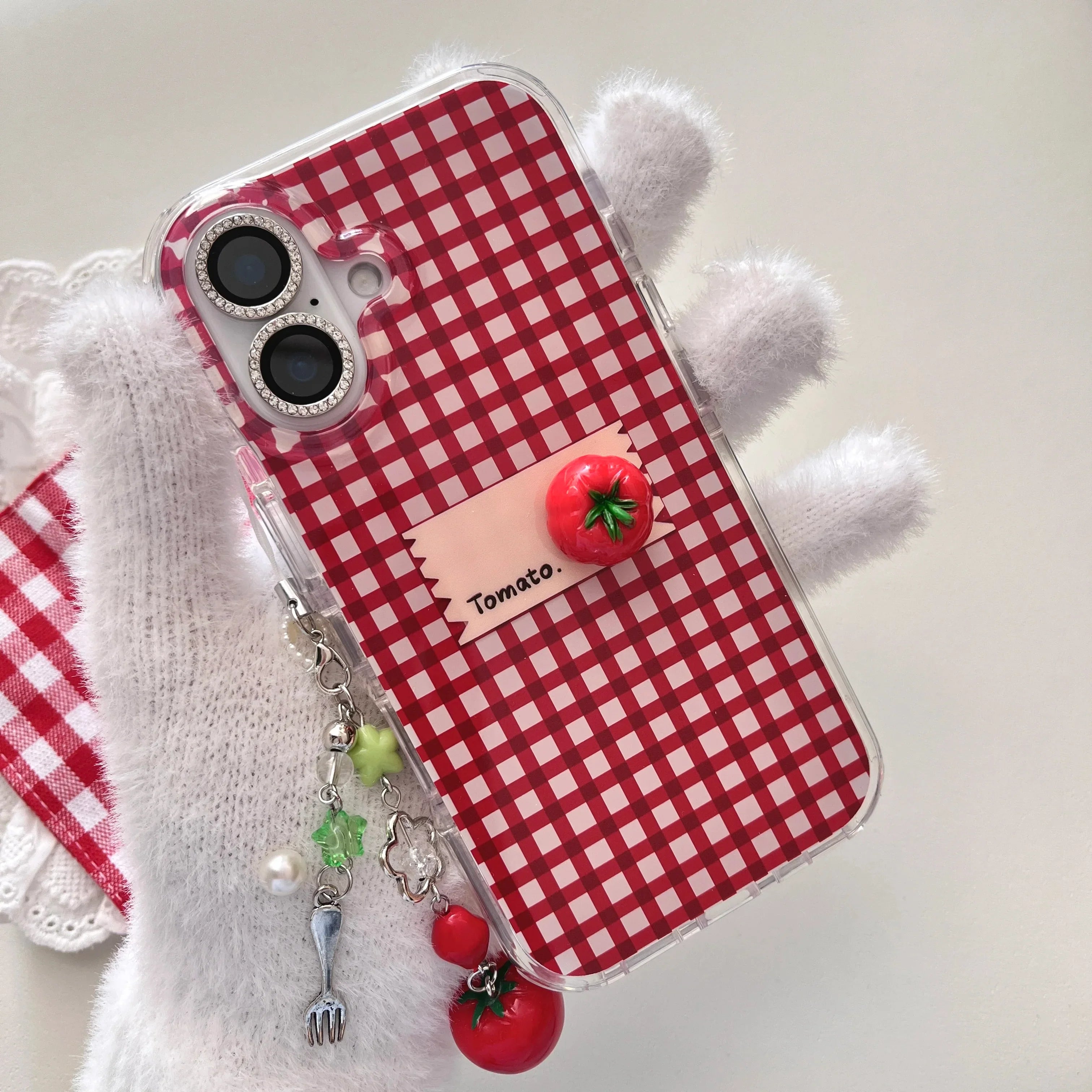 INS Red Checkers Little-Joys 3D Tomato & Label With Dangles Phone Case for iPhone