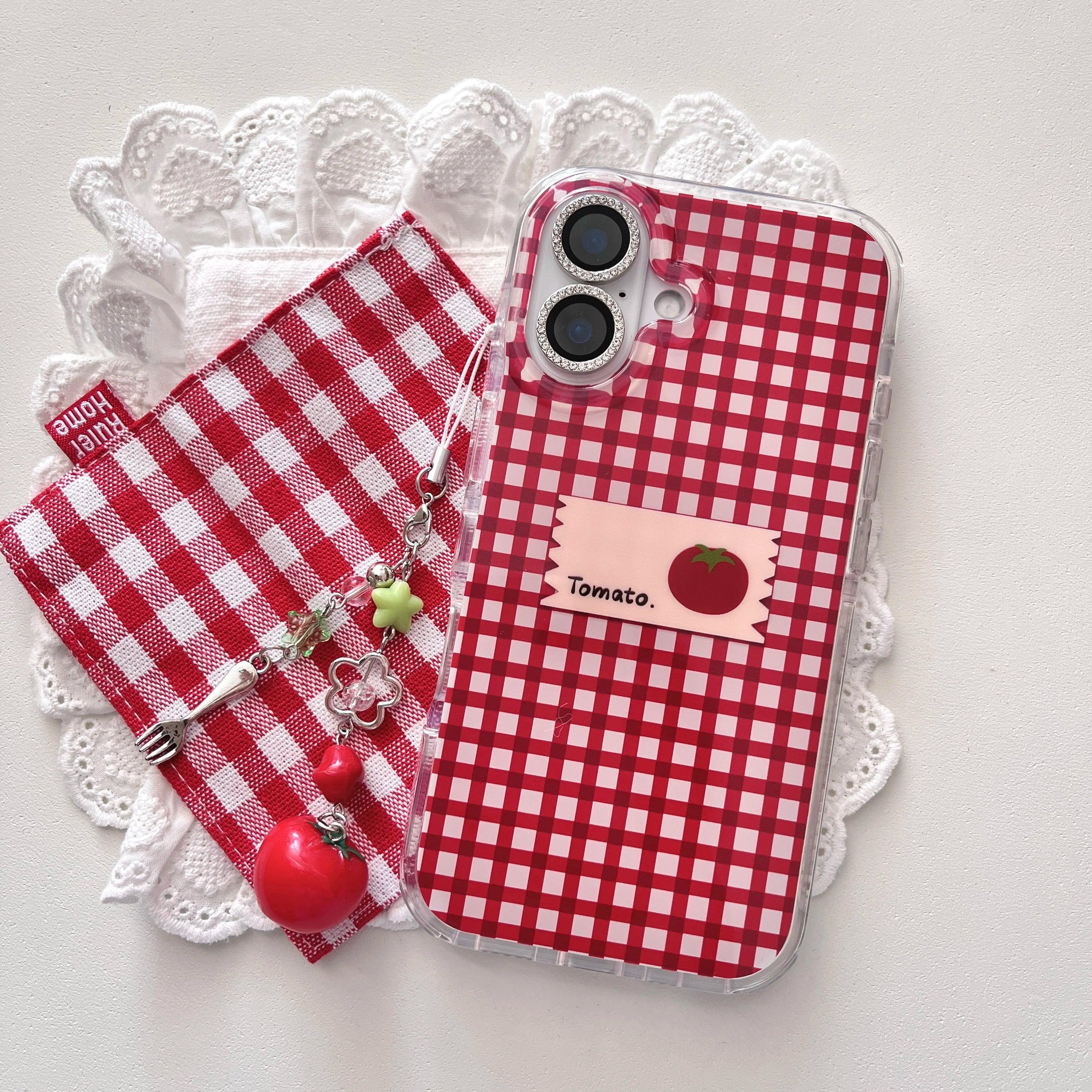 INS Red Checkers Little-Joys 3D Tomato & Label With Dangles Phone Case for iPhone