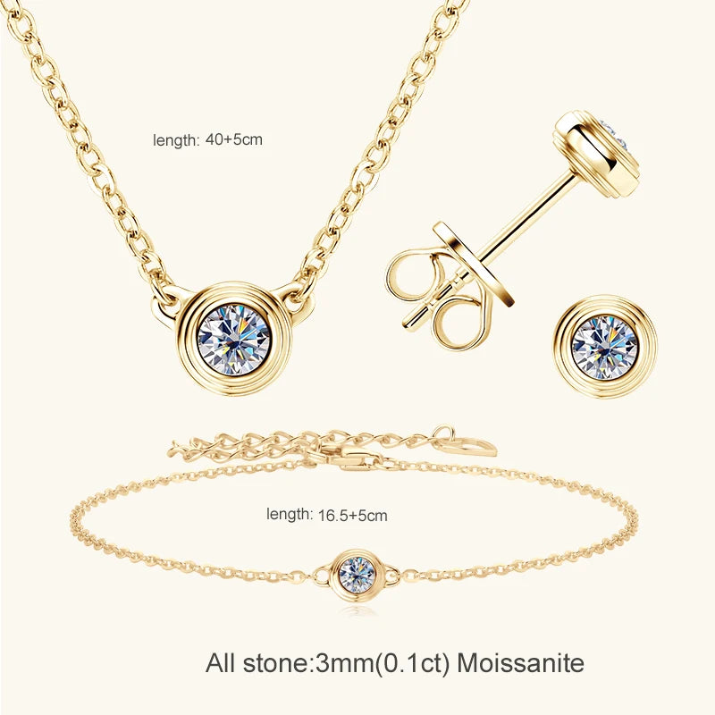 Lnngy 3mm 0.1ct Moissanite Diamond Necklace Bracelet Stud Earring For Women Simple Single Stone Earrings Bracelets Jewelry Set