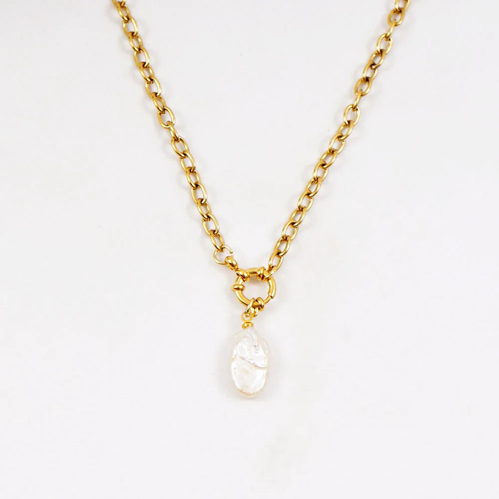 Natural Pearl Necklace For Women Stainless Steel Sailor Clasp Choker Gold/Silver Color Metal Rolo Chian Femme Stone Collier