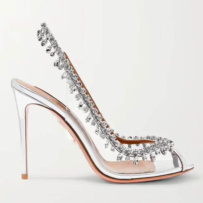 Large Size Sandals Stiletto Heels Round Toe Black Shoes for Women Big Beige Comfort High Low Fashion Rhinestone Girls Scandals R - Imbasat