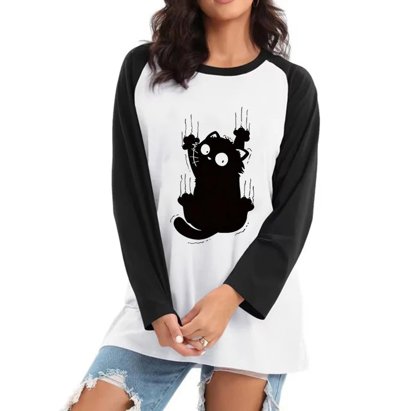 Girls Funny Climb Cute Cat Design Print T-shirt Long Sleeve Crew Neck Casual All Season Women's Graphic Y2k Clothing Tops Tees