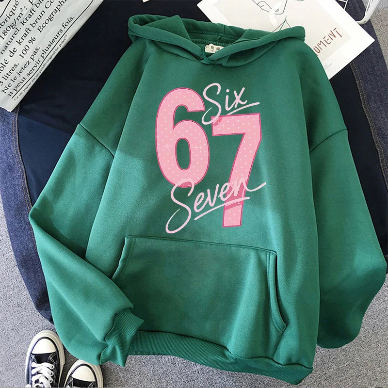 Girls Pink 67 Number Print Hoodies Women's Fashion Casual Sweatshirts Fall Winter Long Sleeve Streetwear Pullovers Clothing