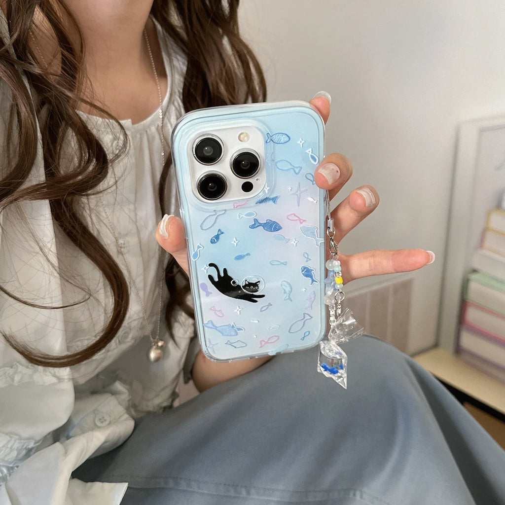 Dreamy Gradient Blue Fish Astronaut Cat Fish Dangle Case for iPhone