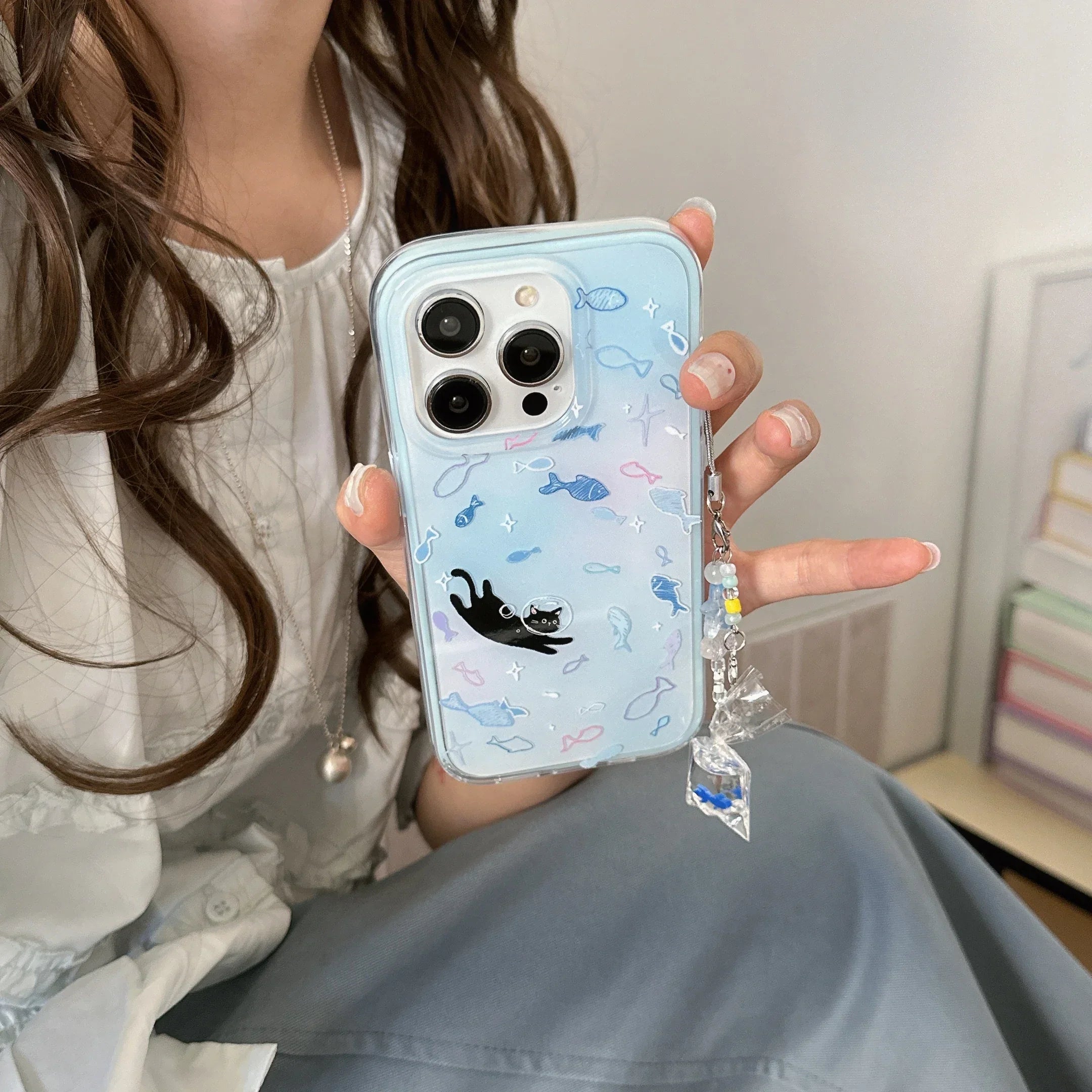 Dreamy Gradient Blue Fish Astronaut Cat Fish Dangle Case for iPhone
