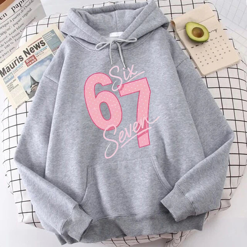 Girls Pink 67 Number Print Hoodies Women's Fashion Casual Sweatshirts Fall Winter Long Sleeve Streetwear Pullovers Clothing