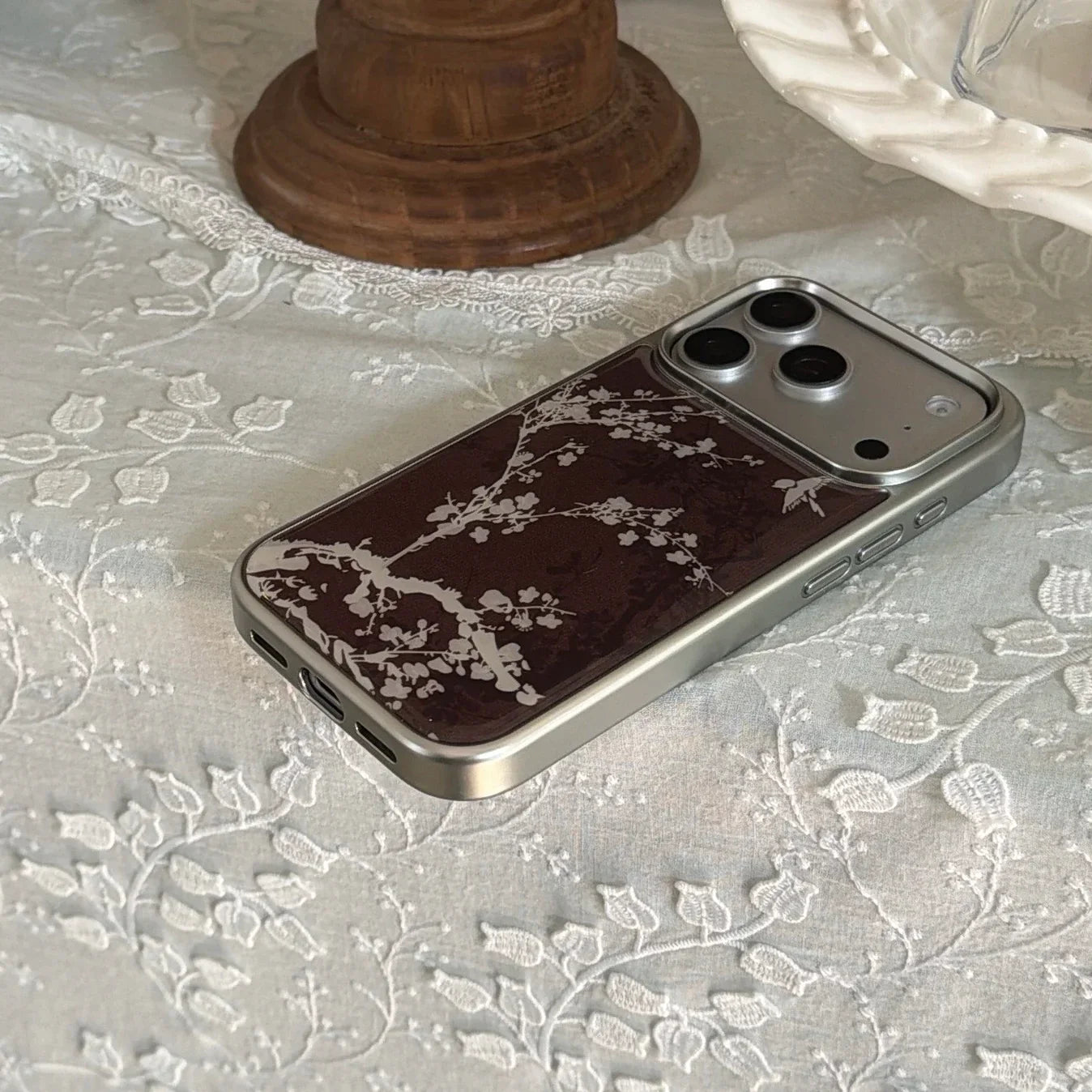 Elegant Plum Blossom Burgundy Bird & Branch Traditional Art Case for iPhone