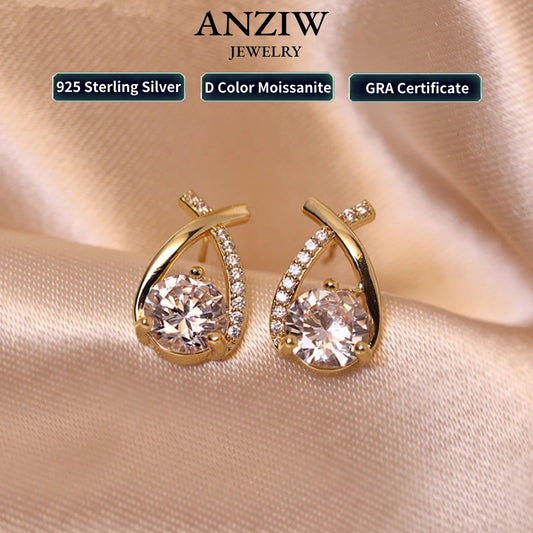 Anziw Real 925 Silver Stud Earrings 0.5ct Moissanite Drop Fishtail Cross Piercing Ear Earring 2023 Korean Trendy Women's Jewelry